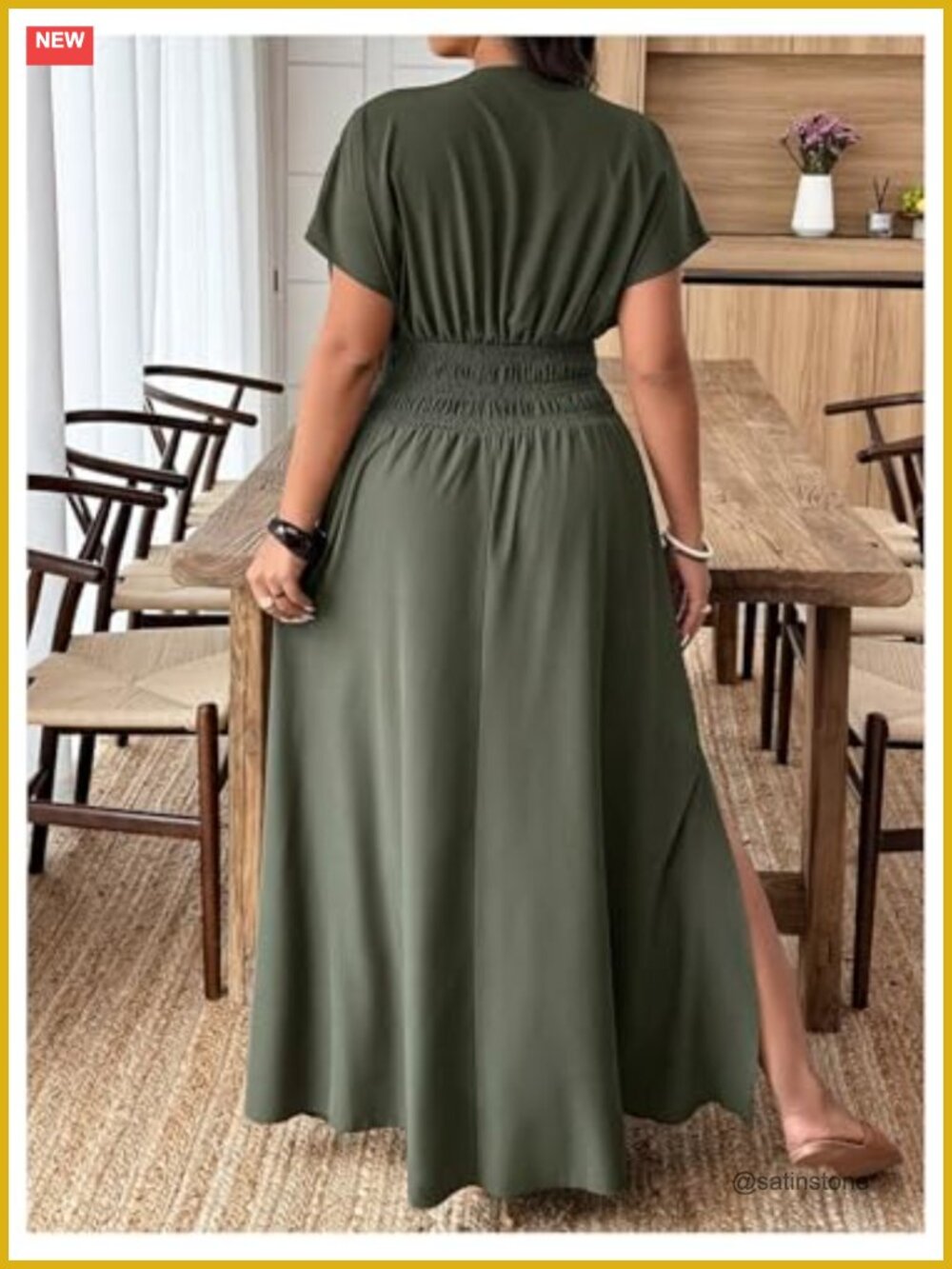Deep V Neck Maxi Dress Short Sleeve Split Hem Flowy Summer - Picture 2 of 5